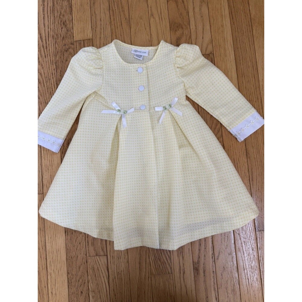 Vintage Bonnie Jean Girls Coat 1980s Toddler 2T Yellow Check Floral Trim Bows